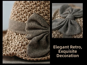 Close-up of hand-woven straw hat texture featuring a vintage linen bow decoration