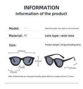 Detailed size chart of kids sunglasses with PC frame resin lenses and 20g weight spec