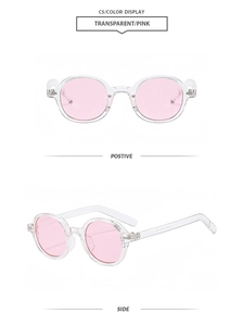 Front and side views of transparent pink oval sunglasses with high-quality retro frames
