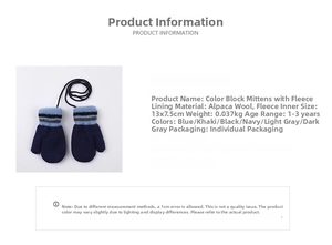 Infant alpaca wool mittens specifications showing size 13x7.5cm and thick thermal lining