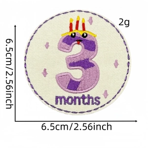 Round purple 3 months baby milestone embroidery patch with size markers and candle