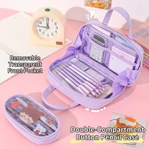 Large capacity purple stationery organizer bag with a detachable clear PVC front pouch