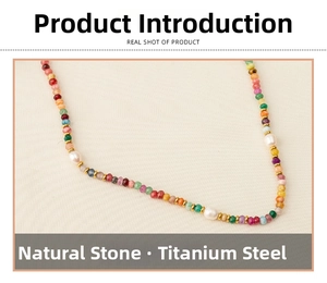 Close-up of colorful natural stone beads with pearls and gold titanium steel spacers