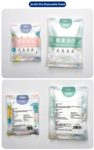 Detail view of portable disposable towel and bath towel sets in compact travel packaging