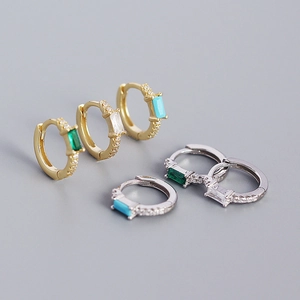 Detailed close-up of s925 silver rectangular zircon hoop earrings in various colors