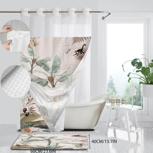 Tropical rainforest shower curtain and bath mat set with monkeys and banana leaf print