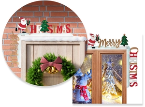 L-shaped wooden Christmas door frame decor with Santa Claus and Merry Christmas lettering