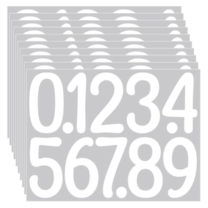 Close-up of stacked 4-inch white vinyl number stickers for mailboxes and classroom decor