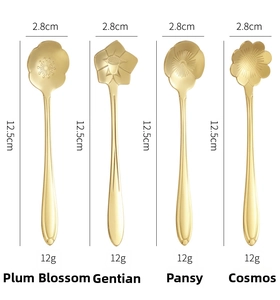 Detailed size view of four golden stainless steel flower-shaped dessert spoons