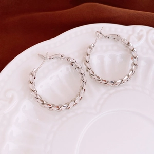 Detailed macro view of silver twisted hoop earrings on a textured vintage plate