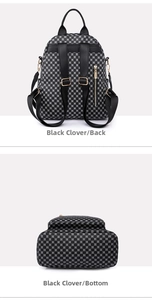 Detail view of the clover pattern backpack back and bottom with wide straps and gold hardware