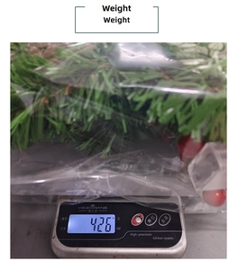 Christmas pinecone garland weight measurement showing 426g on digital scale in packaging