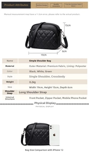 Size comparison of stylish crossbody bag with iPhone showing 19x15x6 cm dimensions