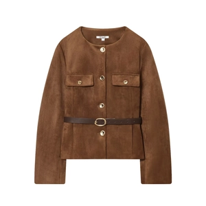 Veste Courte En Daim Synthétique Pour Femmes Col Rond Manches Longues Blazer Élégant Couleur Unie Avec Ceinture Boutons Métalliques