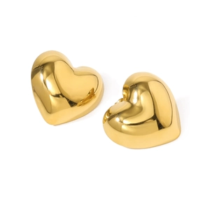 Detailed view of polished 18K gold-plated 3D heart stud earrings with a glossy mirror finish