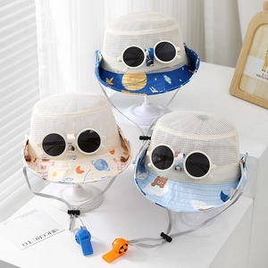 Kids breathable mesh bucket hats with retro sunglasses and colorful whistles
