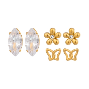 Three-pair earring set featuring gold bow, floral designs, and zircon crystal studs