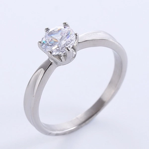 Elegant six-prong solitaire ring with a sparkling round-cut stone on a silver band