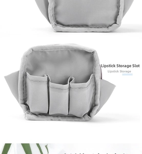 Detail view of mini grey waterproof makeup bag showing three vertical lipstick slots