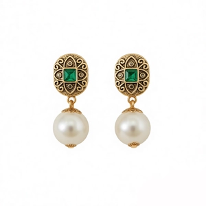 Vintage gold earrings with green square gemstones and white pearls in a classic style