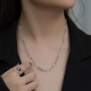 Punk style 925 silver chunky chain necklace with sparkling cubic zirconia pin buckle