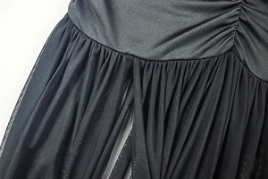 Detailed close-up of black mesh fabric with intricate pleated layering and fine textures