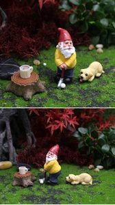 Garden gnome golf figurine set with cute puppy and tree stump miniature decor