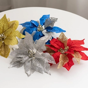 Artificial Poinsettia Christmas Flowers Glitter Shimmer Fabric Plastic Mesh Floral Ornaments For Xmas Tree Wreath Garland