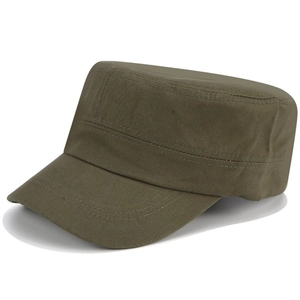 Classic army green flat top cadet cap in durable cotton canvas with side view angle