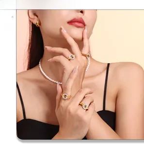 Detail of 18k gold plated ring with micro-pave crystals shown on a model