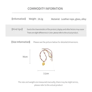 Detail of double-layer leather necklace featuring heart lock pendant and size dimensions