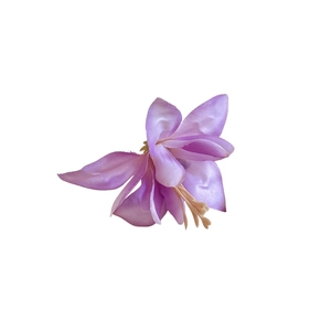Elegant purple fabric hibiscus flower hair clip with realistic yellow stamens for vacation style