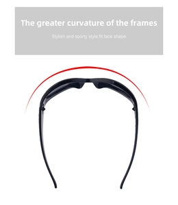 Detail showing the large frame curvature of black Y2K cycling sunglasses from a top view