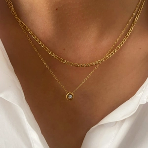 French Style Gold Plated 316L Stainless Steel Layered Necklace For Women Cubic Zirconia Pendant Figaro Chain Waterproof