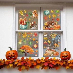 Stickers de Thanksgiving pour fenêtres avec animaux de la forêt et citrouilles décoratives