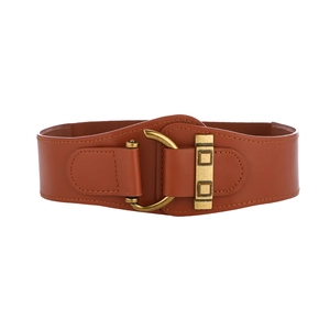 Brown wide elastic waist belt with gold ring buckle and faux leather detail on white background