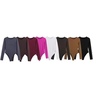 Women Long Sleeve Bodysuit Round Neck Slim Fit Elastic Knitted Polyester High Cut Basic Jumpsuit Top Leotard