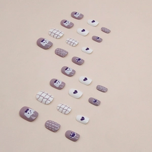 Cute taro purple and white press-on nails with cartoon puppy and heart patterns