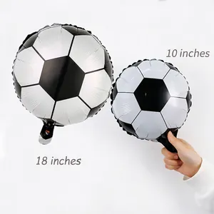 Black and white soccer foil balloons in 18 and 10 inch sizes for sports party decor
