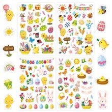 Detail showing cartoon Easter stickers with bunnies, eggs and chicks for DIY decoration