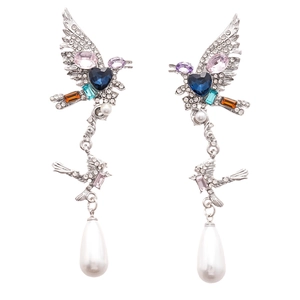 Vintage silver-tone bird earrings with colorful rhinestones and waterdrop pearl pendants