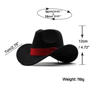 Detailed size chart for black wool jazz hat with red band showing 7cm brim and 12cm height