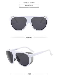 Retro aviator sunglasses with white frames and grey lenses, featuring side shields details