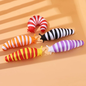 Colorful jointed 3D slug fidget toy set in five vibrant color patterns on orange background