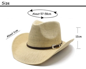 Detail of straw cowboy hat with brown leather band and carved silver buckle showing size 58cm