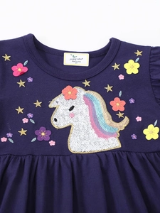 Navy short sleeve princess dress for girls featuring a sequined unicorn and floral embroidery