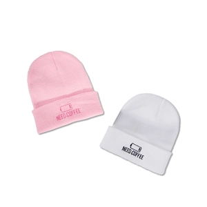 Pink and white knit beanies featuring NEED COFFEE embroidery and low battery icon