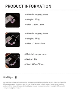 Detailed product specifications for pink zircon flower necklace, earrings, and bracelet