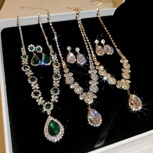 Water Drop Rhinestone Zircon Jewelry Set Alloy Necklace And Earrings For Women Luxury Wedding Banquet Jewelry Accessories