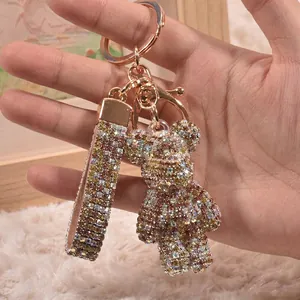 Sparkling crystal rhinestone bear keychain with a rose gold ring for women handbag charm